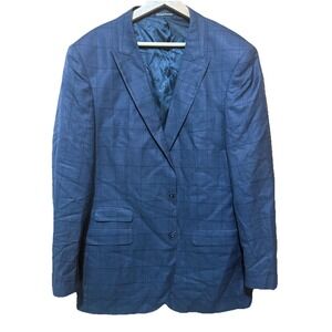 Giovanni Bresciani Sport Coat 46L Italy Blue‎ Plaid Wool Silk Jacket Blazer EUC